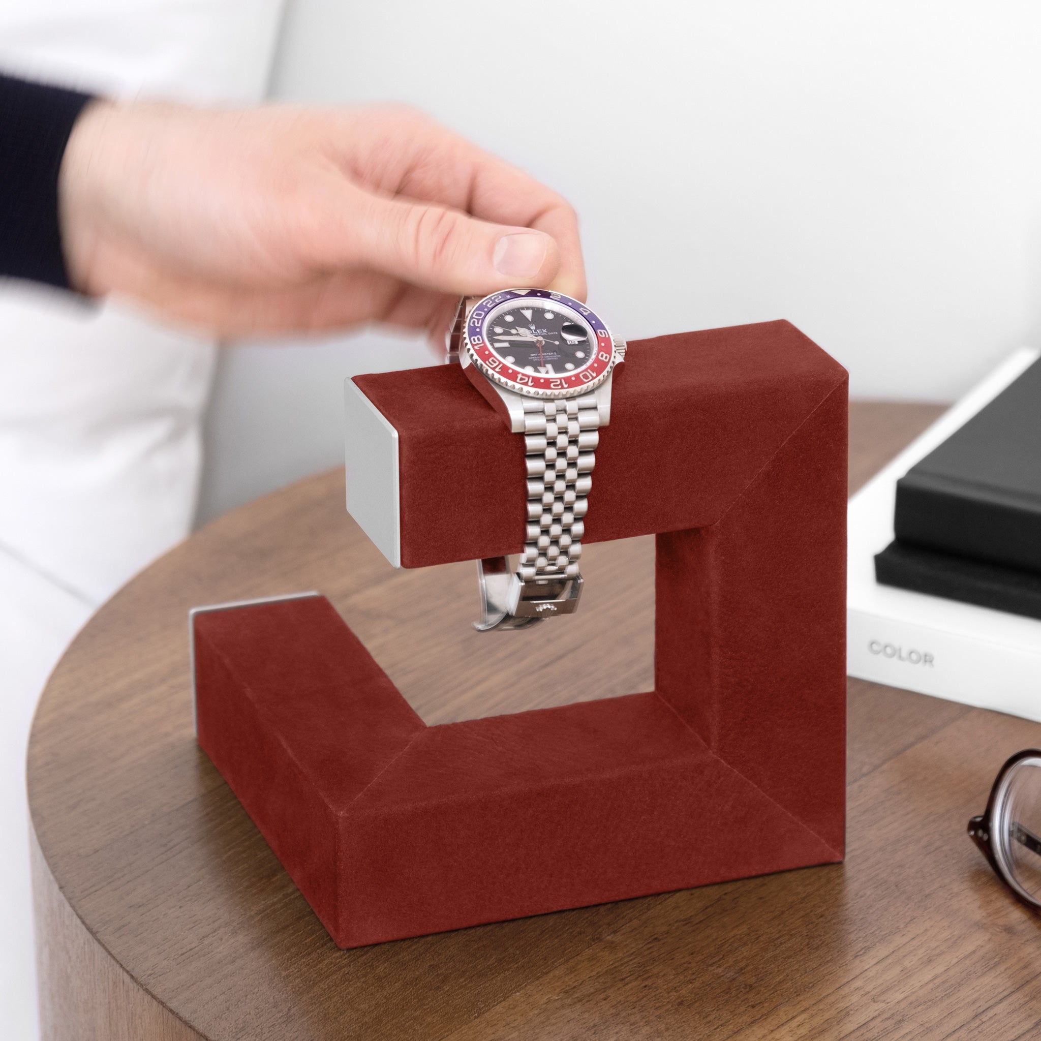 Lifestyle shot of Hudson 1 in crimson nubuck displaying Rolex GMT Master 2 Pepsi