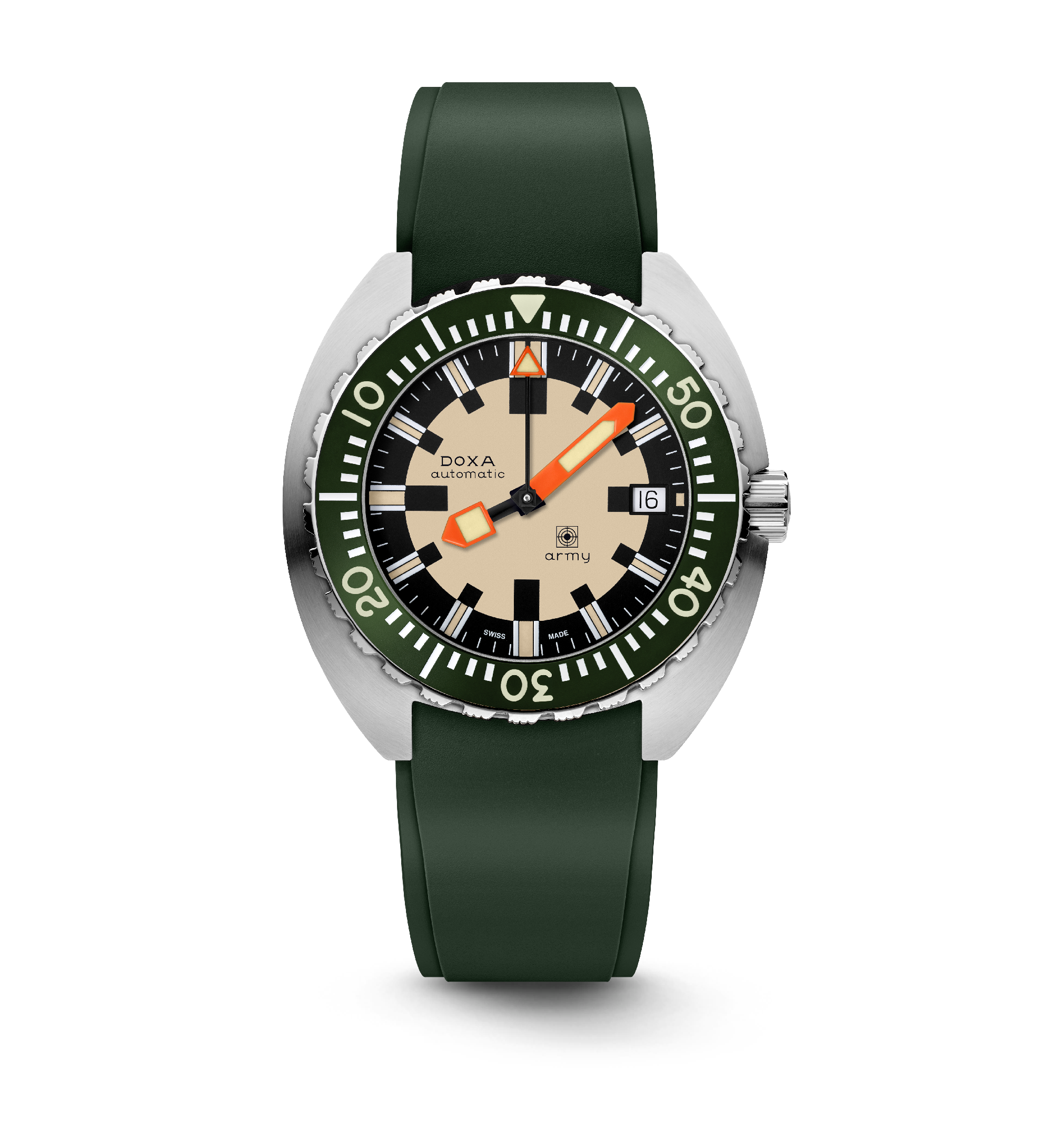DOXA Army, stainless steel bezel with green ceramic insert, green rubber strap
